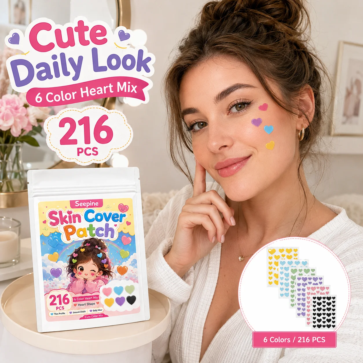 216pcs Cute Heart Patches in 6 colors, for Facial Coverage, Conceals, Blocks Dust, Powder-Proof