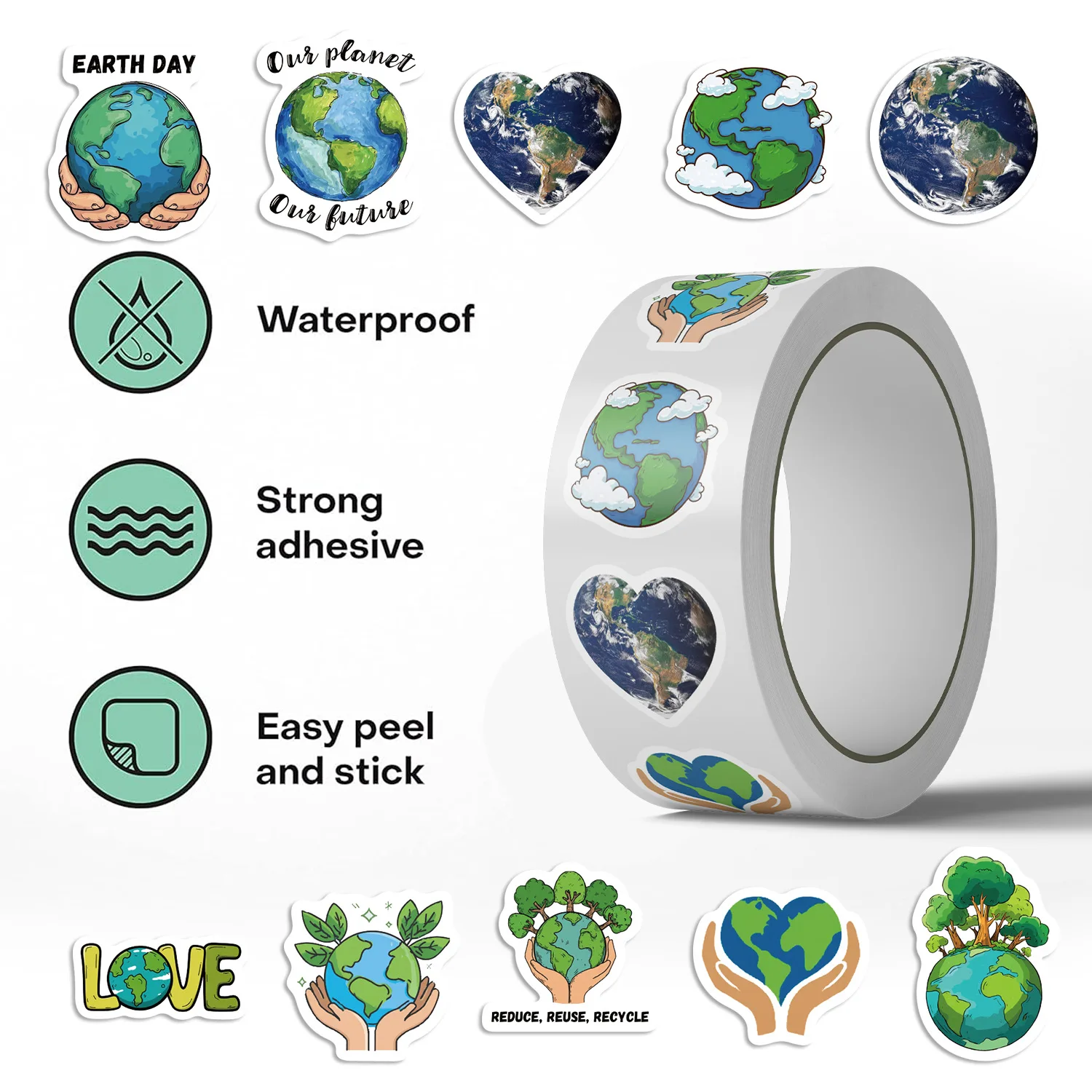 500Pcs Earth Day Stickers Roll, 10 Patterns Environmental Protection Heart Earth Decals Recycle Quote Stickers for Kids Students