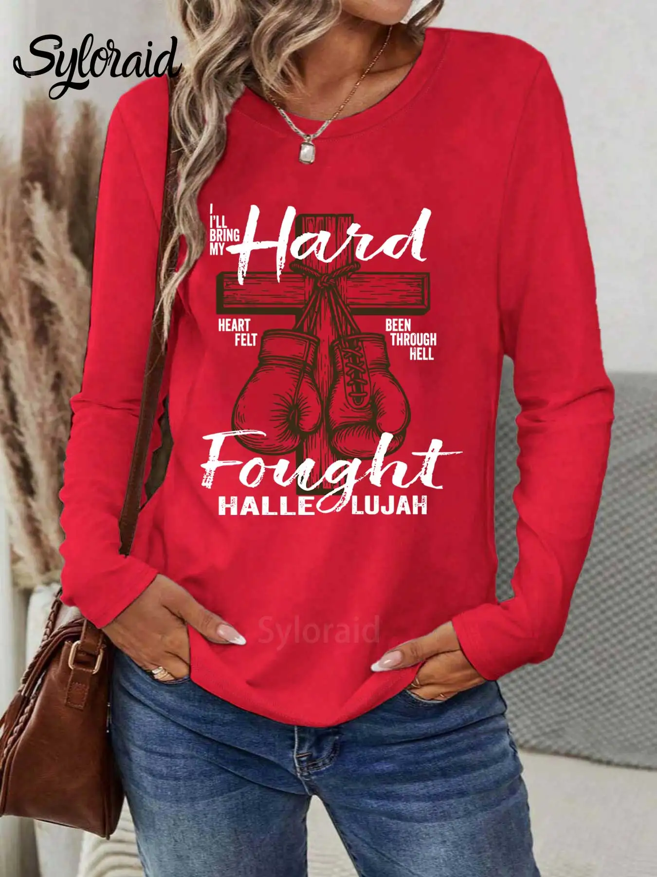 Women's Long Sleeve T Shirt Hard Fought Hallelujah Print T Shirt Religious Christian Shirt Fashion Round Neck Casual Top