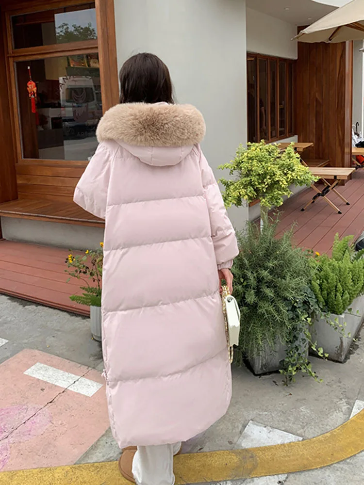 Down Jacket Women Long Length Detachable Fox Fur Collar Hooded 2024 New Winter Waterproof Thermal Goose Down Down Jacket