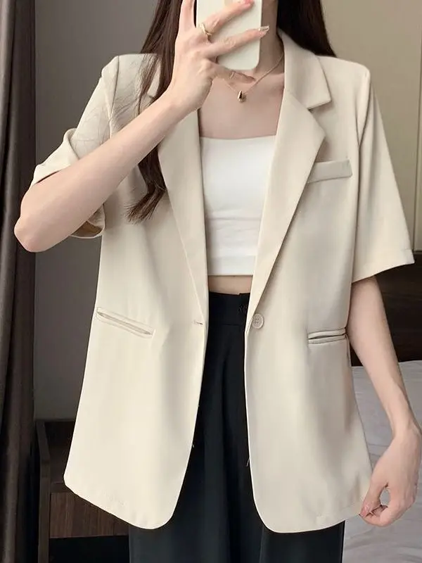 Slim Fit Short Sleeve Suit Jacket for Women Casual Breathable Korean Style Loose Outerwear Versatile Top for Summer 2026