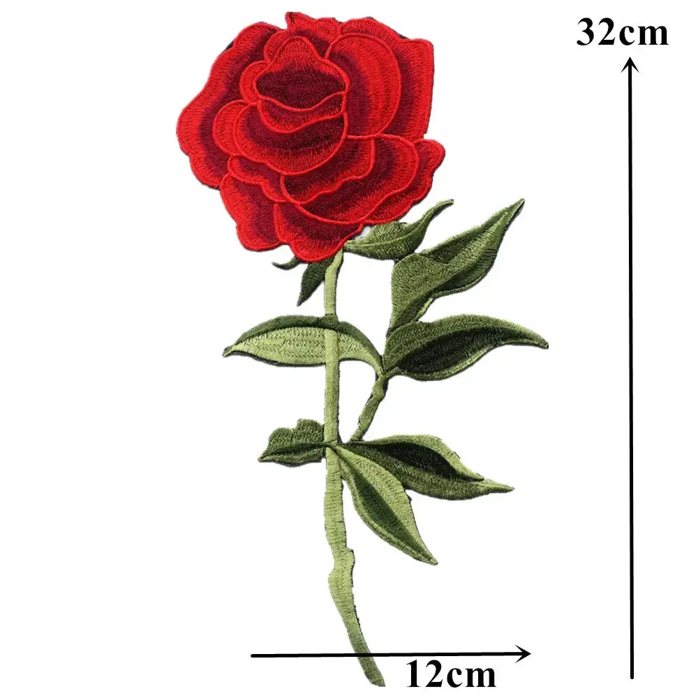 32CM Red Rose Leaves Sew Iron On Patches Embroidered Flowers Badges For Clothes DIY Appliques Craft Decoration