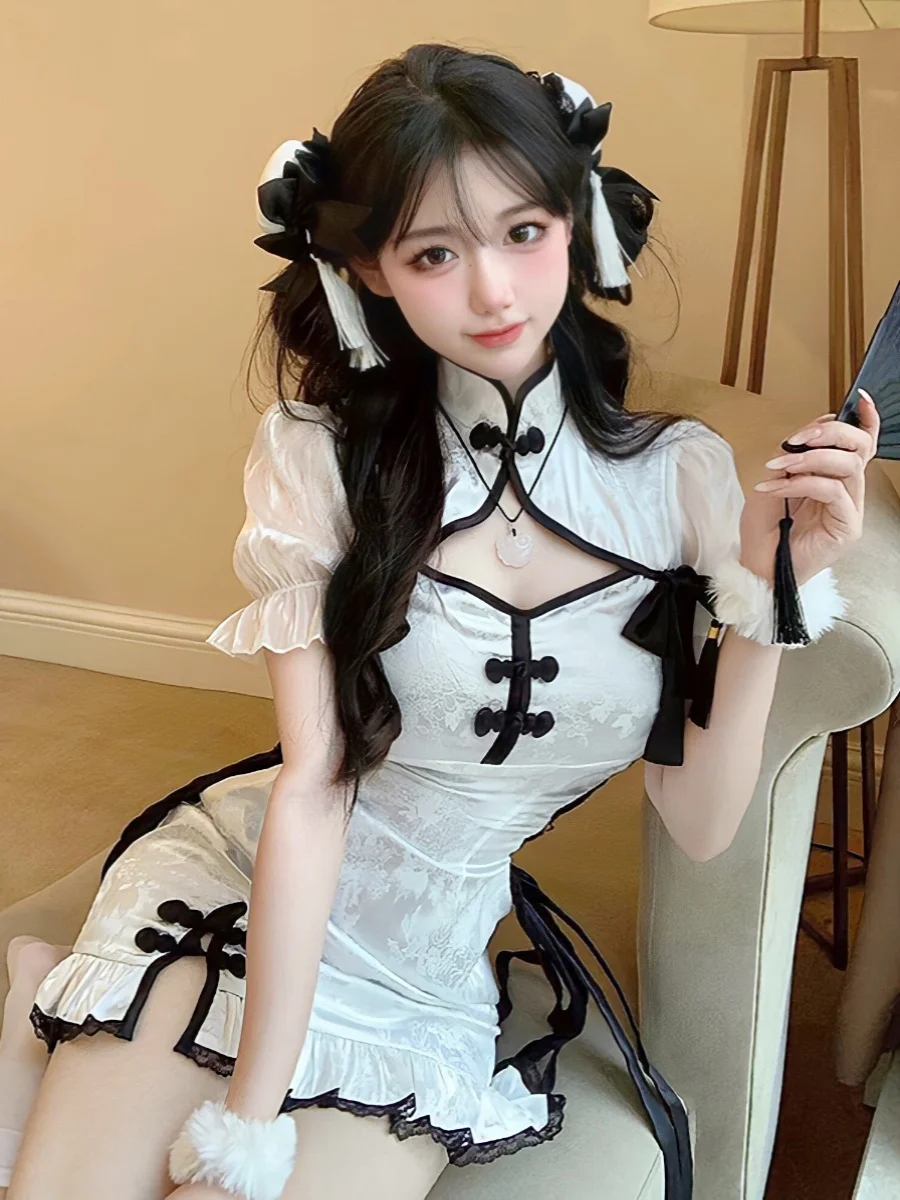 

New Chinese Style Improved Girl Cheongsam Dress With Button Up Printed Bubble Sleeves Lolita Panda Maid Cos Uniform