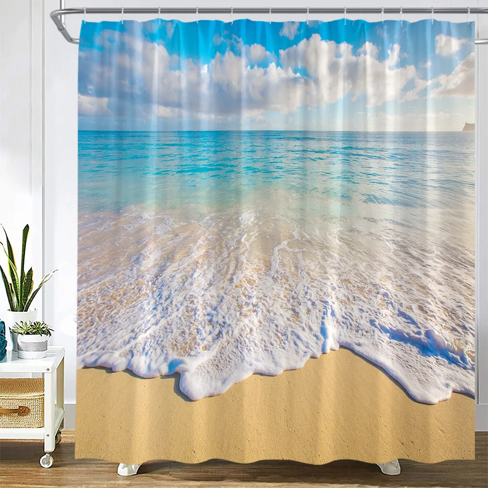 Cortinas de ducha para decoración del hogar, juego de cortina de baño con diseño Tropical de océano, palmera, bosque, cascada, paisaje natural