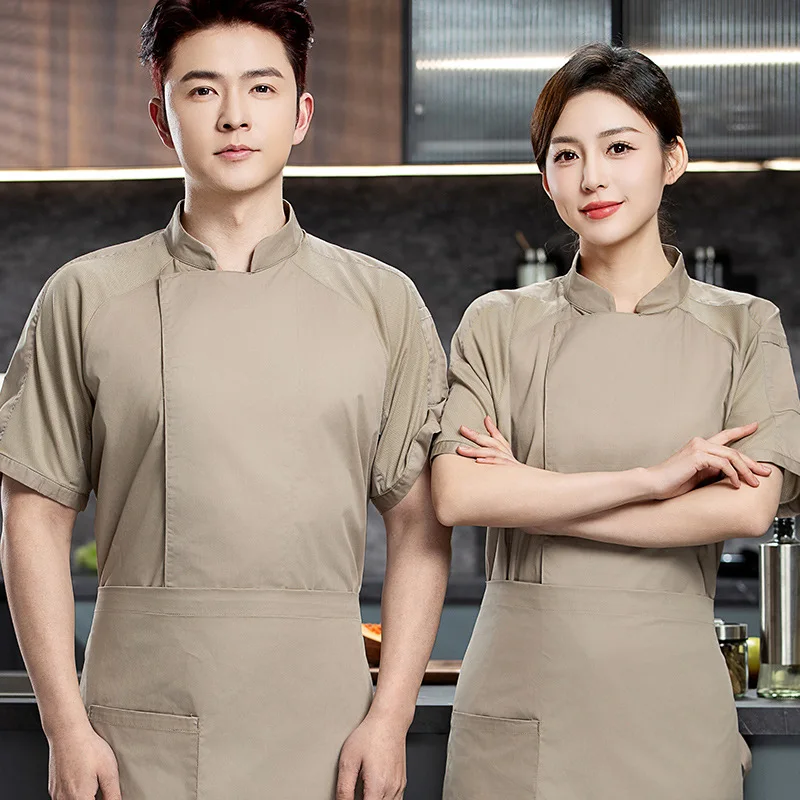 Veste de Chef unisexe en maille respirante, manches courtes, bleu ciel, Service alimentaire, chemise de cuisinier de cuisine, uniforme de serveur