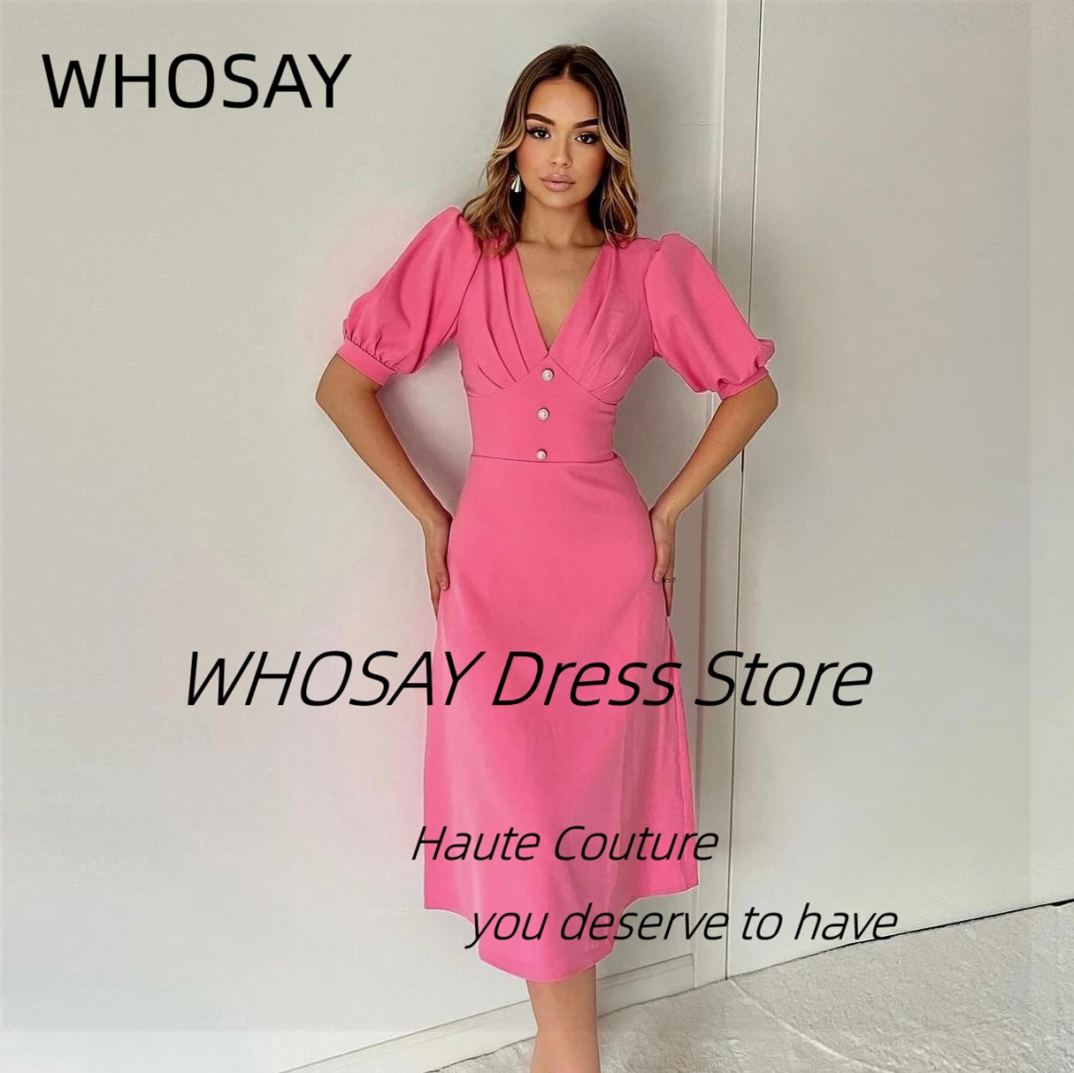 WHOSAY Tea Length Short Prom Dresses V Neck Buttons Cocktail Party Night Club Gowns Half Sleeves Evening Dresss