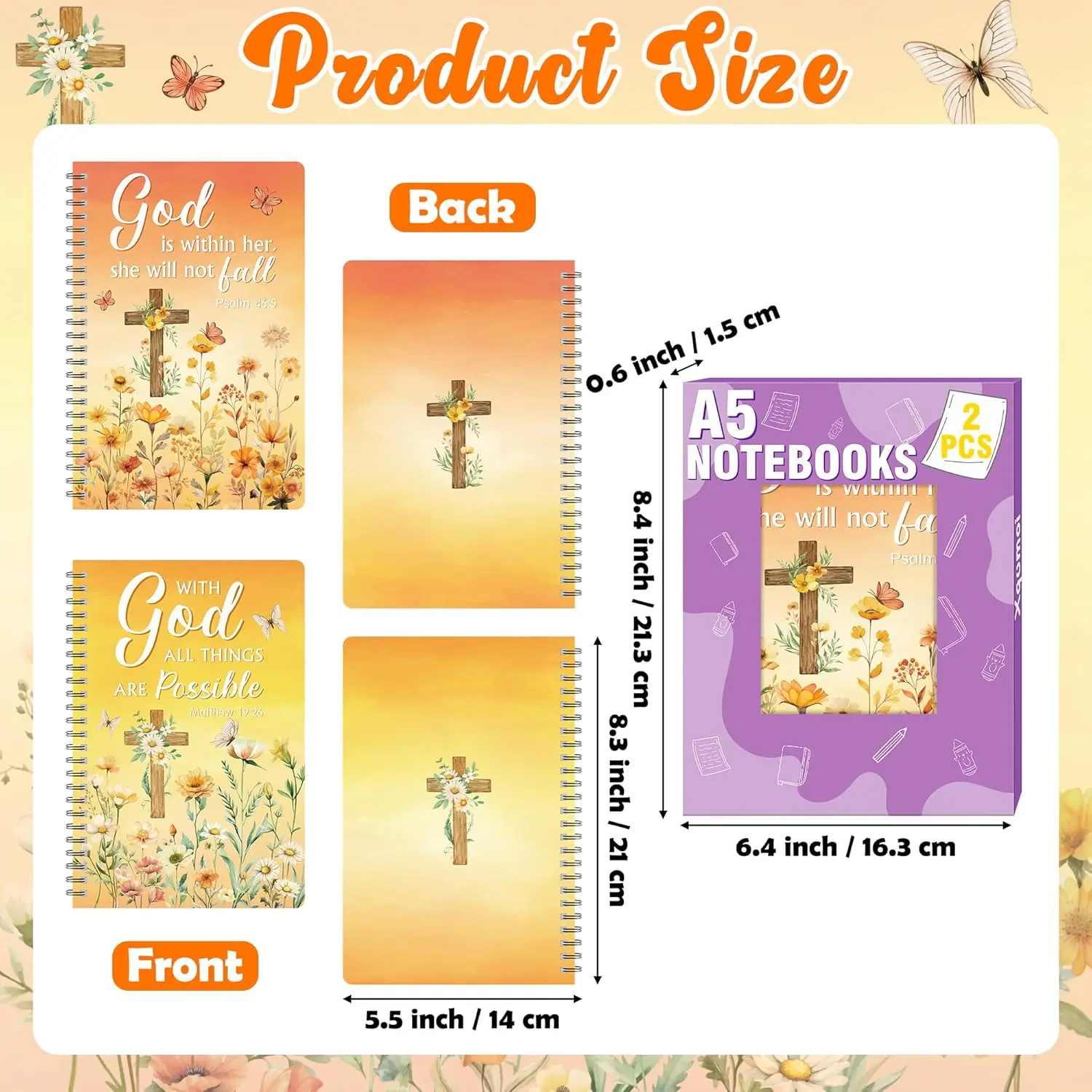 2 pack Autumn A5 Notebook Orange Watercolour Wildflower Notebook Gift for Thanksgiving Day Back to School Teacher Appreciate