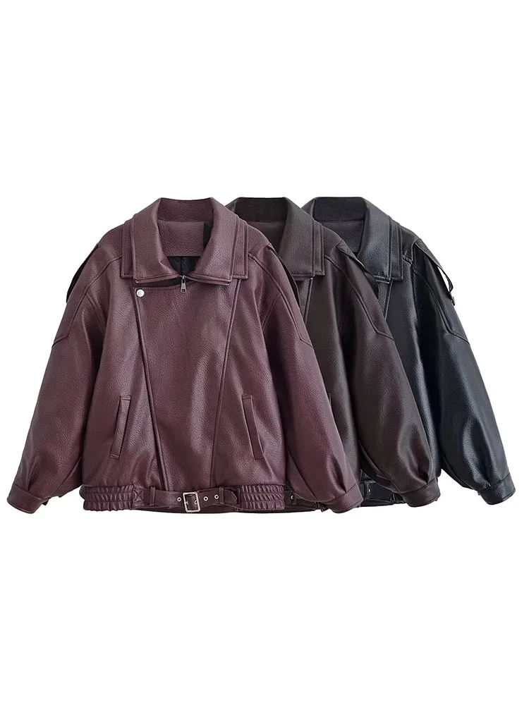 HH レディースファッション 冬 ラペル 長袖 ジッパーポケット装飾 キルティングレザージャケット 女性 ストリートスタイル レジャーオーバーコート