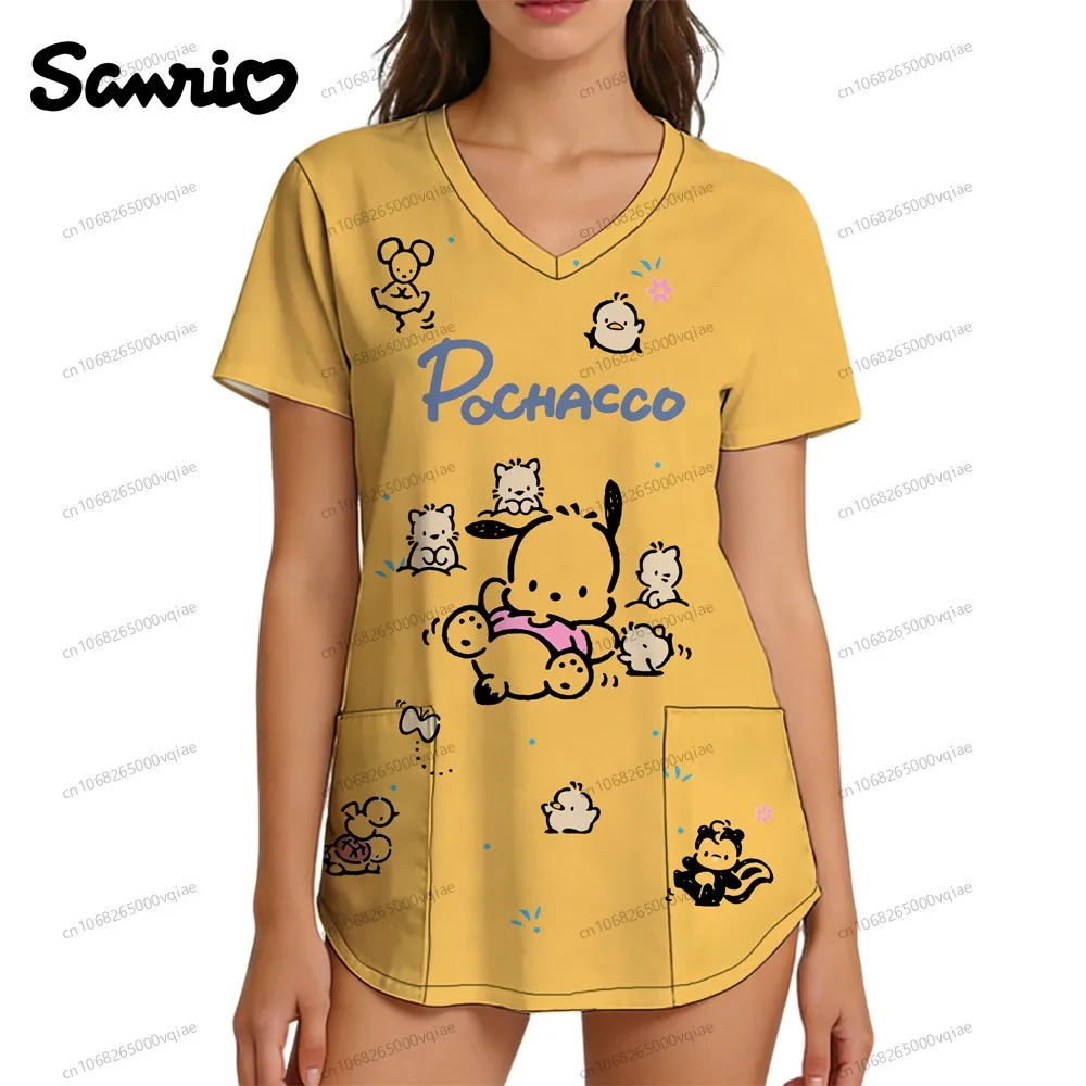 

3D Print Pochacco Trend Women's T-shirt 2026 New Nurse Uniform V Neck T Shirt Summer S-2XL Fashion Pocket Kawaii Y2k Clothes