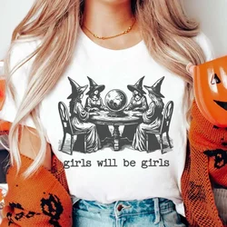 Girls Will Be Girls Witches Female Power Retro Top Printed Pattern Basic Round Neck Casual Style Women's Plus Size Loose T-Shirt