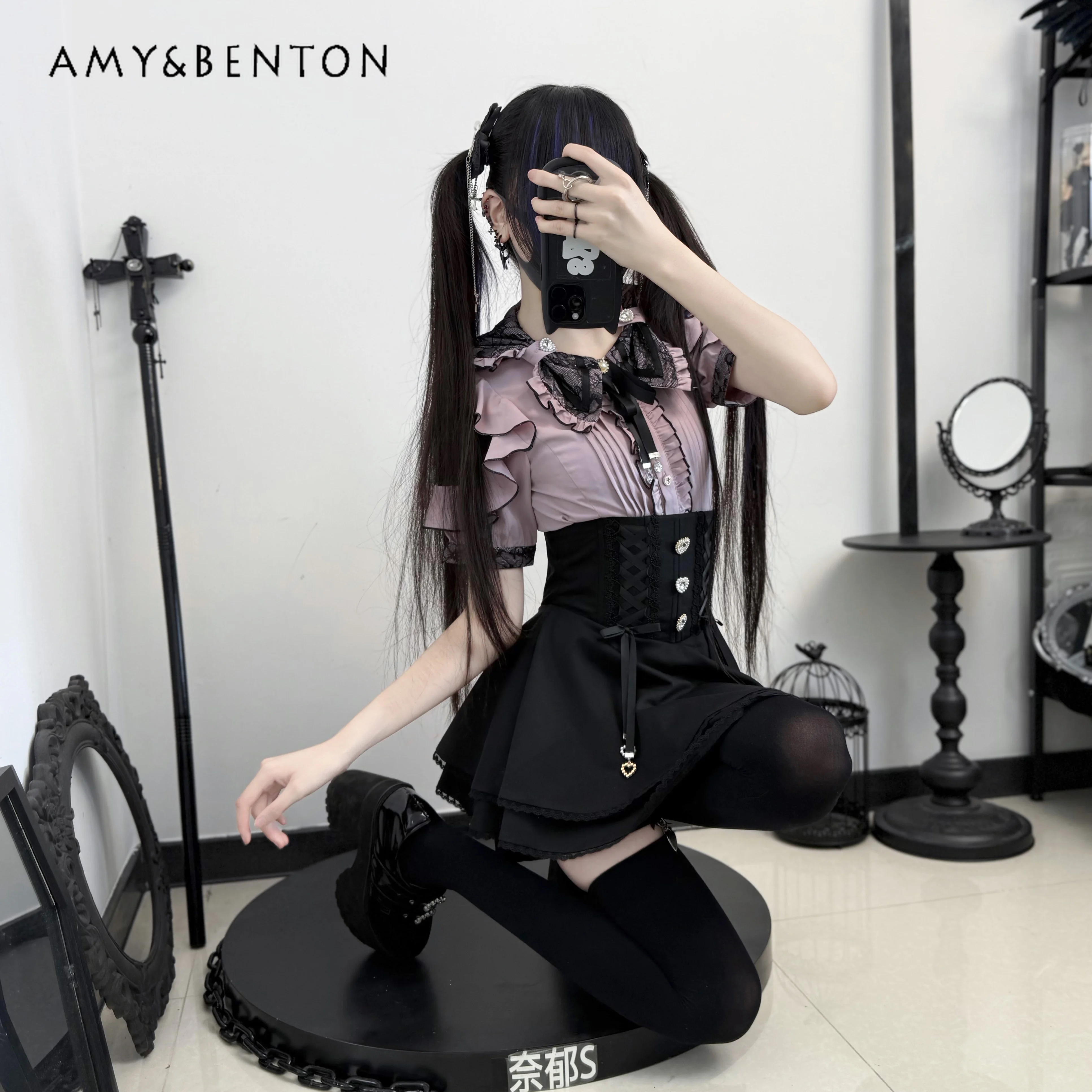 Japanese Lolita Mine Series Double Layer Lace Doll Collar Rhinestone Short Sleeve Sweet Off Shoulder Mass Production Shirt Women
