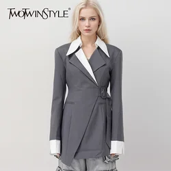 TWOTWINSTYLE Casual Colorblock Patchwork Belt Blazer For Women Notched Collar Long Sleeve Spliced Pocket Blazers Female Fashion