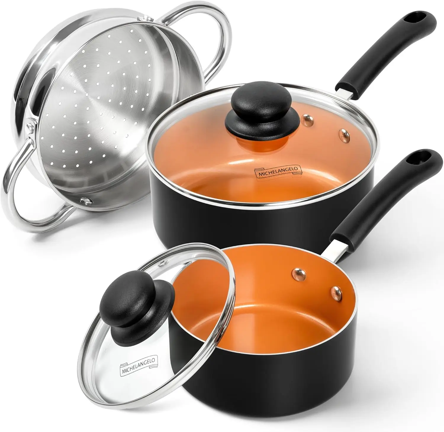 MICHELANGELO Juego de Ollas Antiadherentes con Tapa de 1QT y 2QT, Juego de Ollas de Cerámica (con Vaporera), Juego de Ollas Pequeñas de Cobre, Libre de PFAS