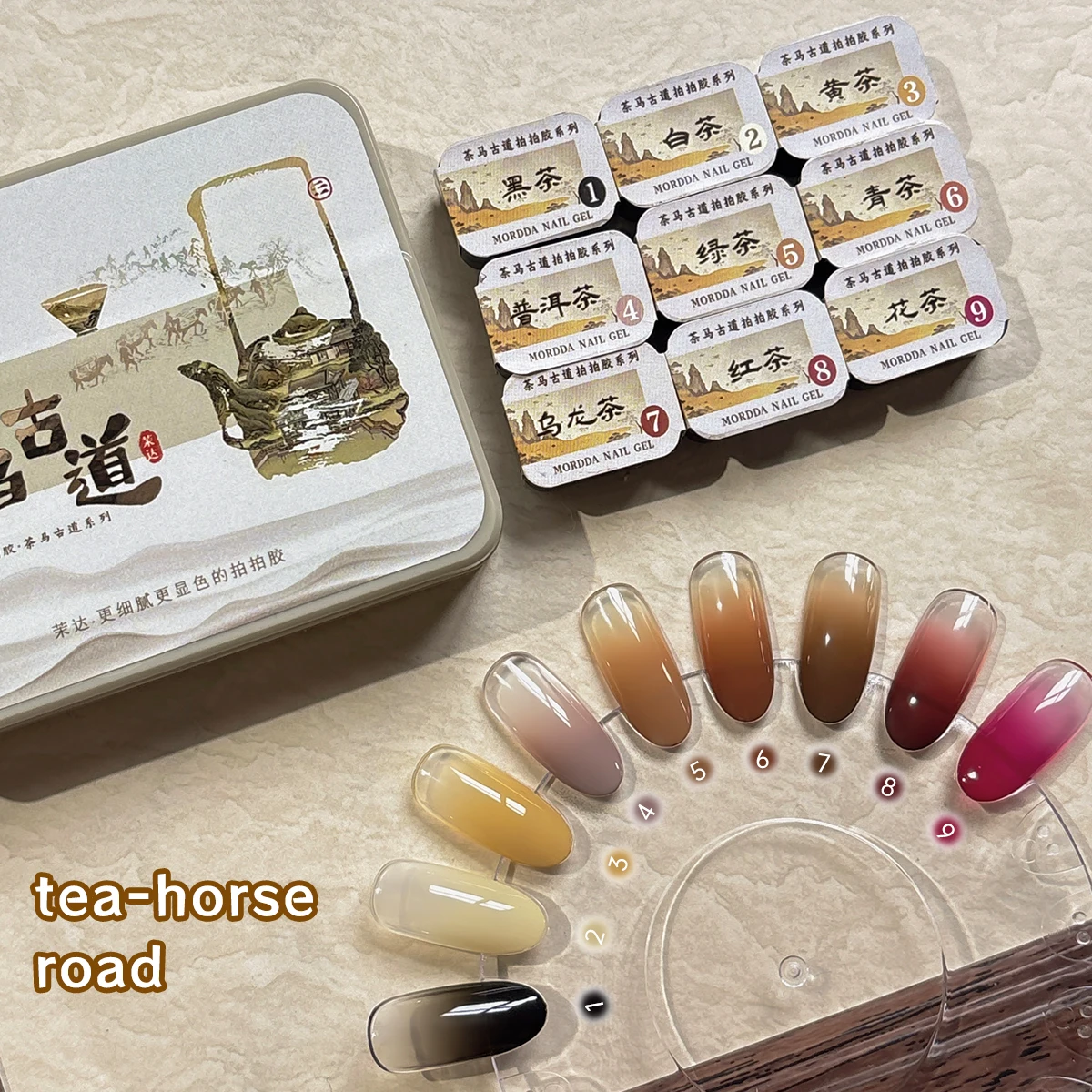 MORDDA 9-colors The new Tea Horse Ancient Road patter glue smudges canned high saturation popular semi-solid nail polish glue