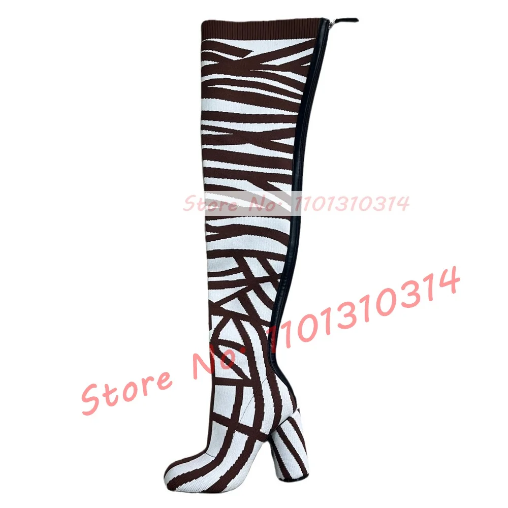 Striped Knitted Over Knee Stretch Boots Women\'s Unique Spring Round Toe Thick Heel Shoes Female New In Design Fashion Long Boots