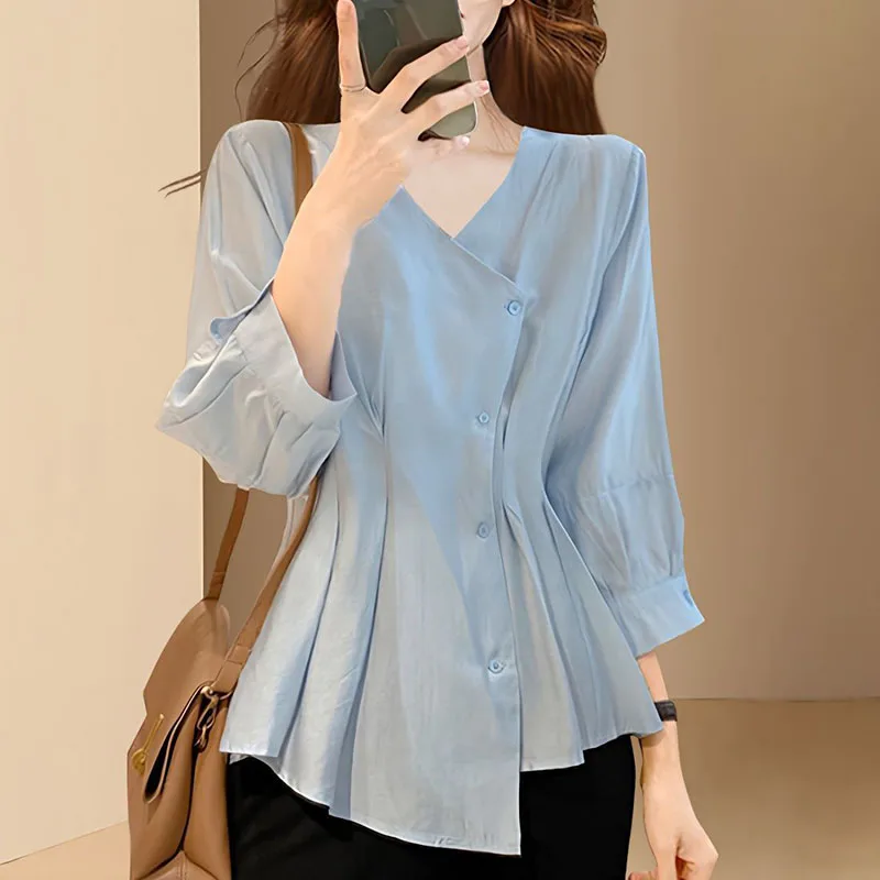 

Fashion V-Neck Spliced Loose Folds Irregular Shirt Female Clothing 2023 Spring Autumn New Casual Tops Asymmetrical Blouse