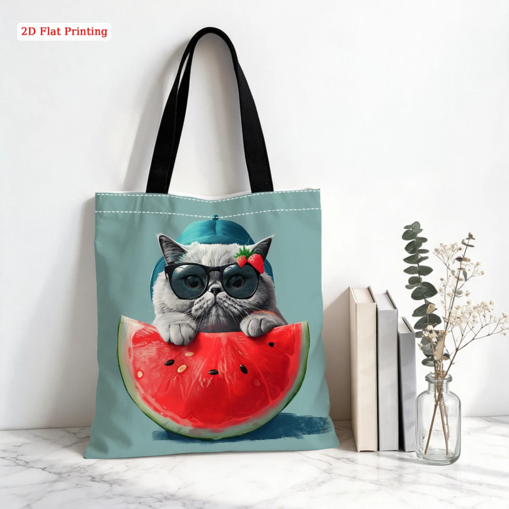 1Pc Casual Shoulder Bag Light Blue Cute Cat With Sunglasses Holding Watermelon Slice Print Tote Bag For Shopping Travel Daily Us