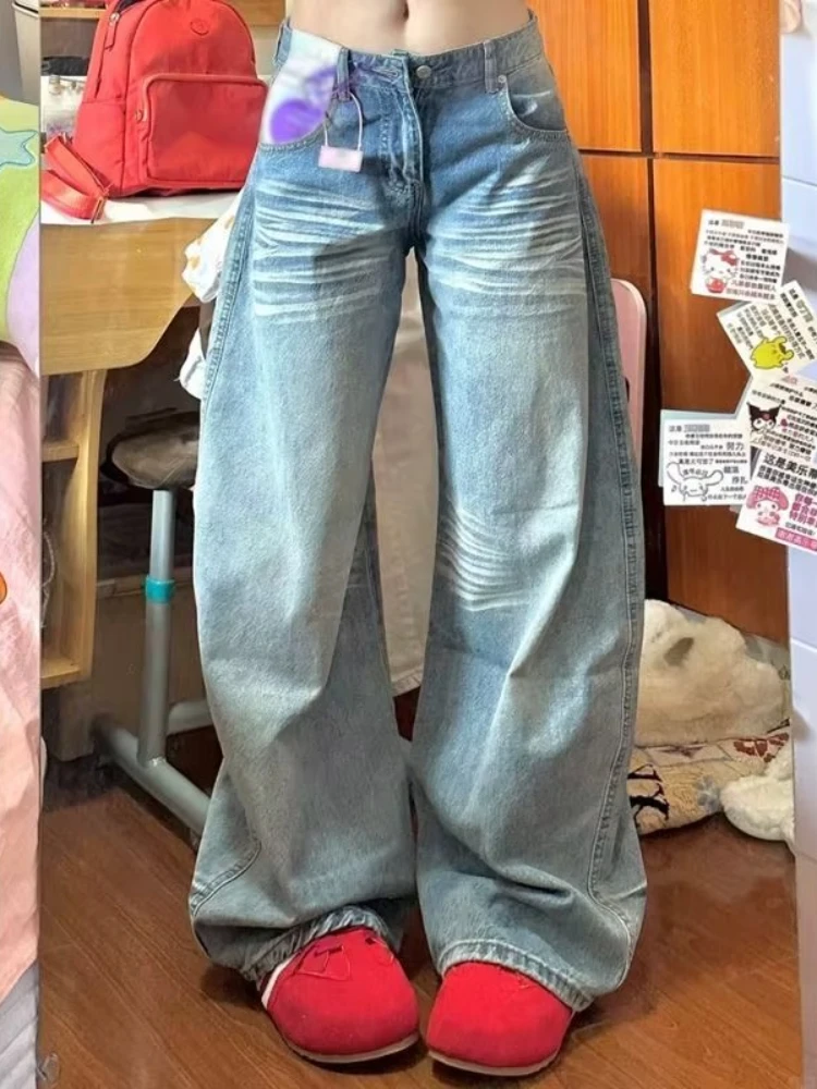 HOUZHOU Niebieskie Jeansy Damskie Y2k z Haftem, Prane, Niski Stan, Szerokie Nogawki, Amerykański Styl Vintage, Luźne Spodnie Denimowe, Spodnie Uliczne Harajuku