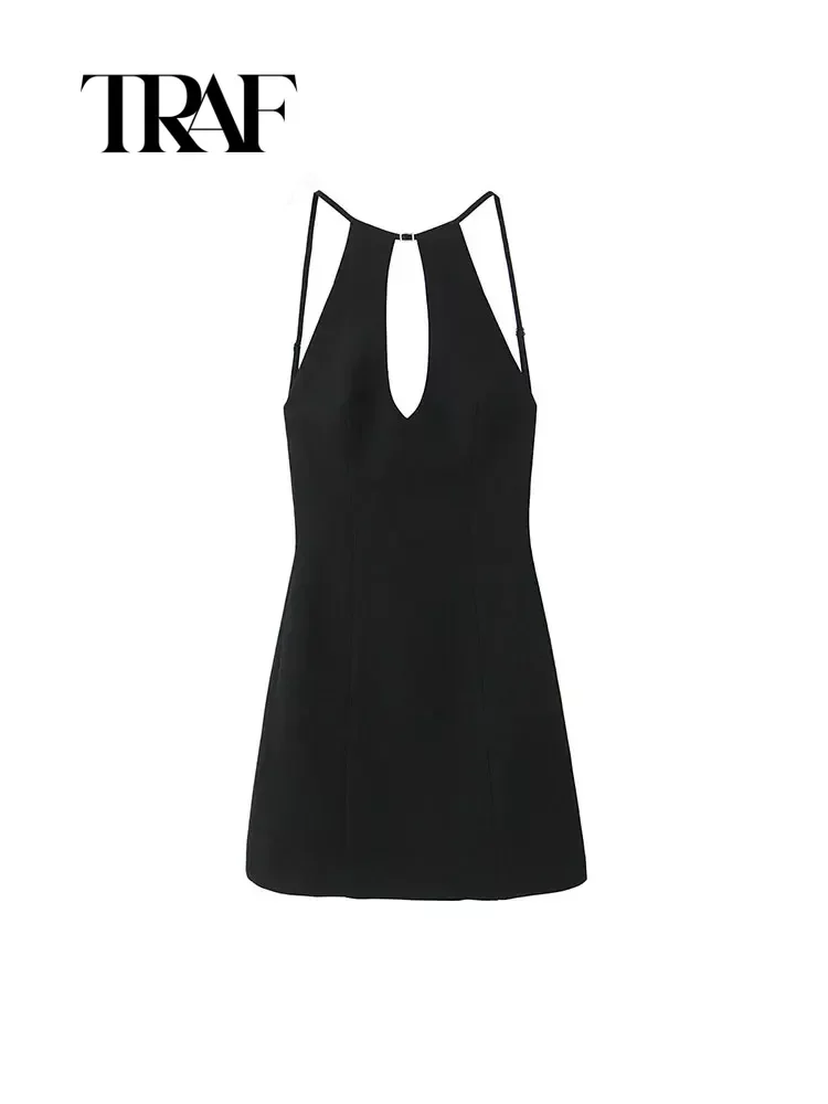 Traf Zwarte Jurk Zonder Rug Vrouw Halter Slip Mini Jurk Vrouwen Uitgesneden Mouwen Sexy Korte Jurken Zomer Feestjurk