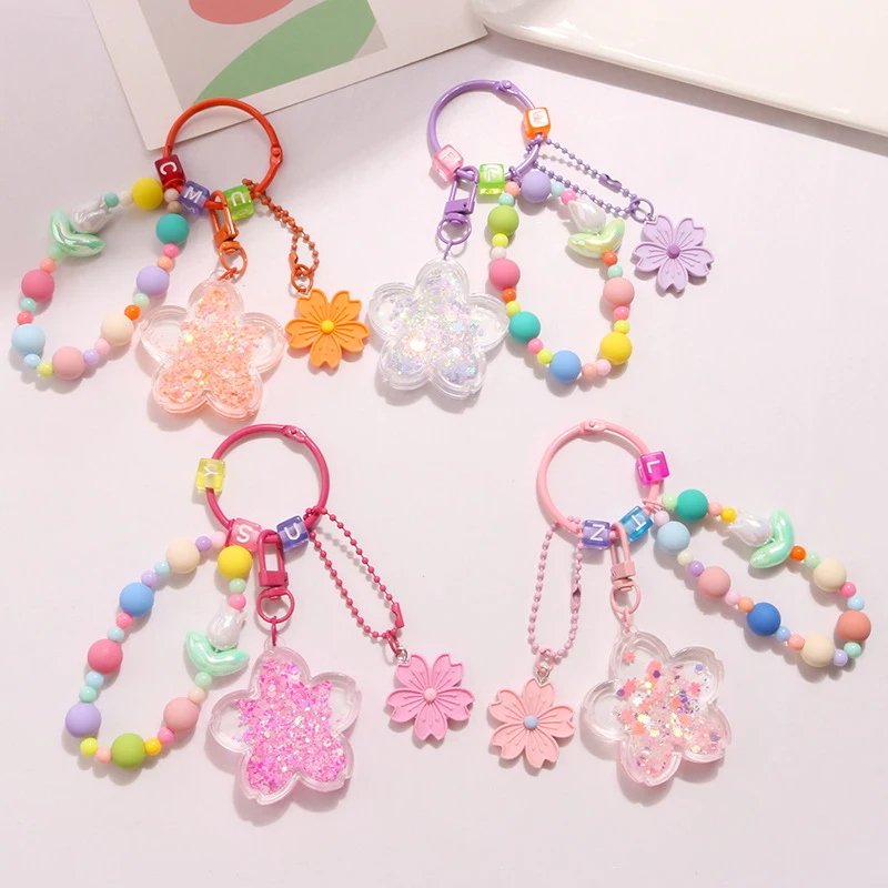 New Oil Flowing Sand Big Flower Keychain With Cute Colorful Sakura Accessories Pendant Women Earphone Case Bag Decoration