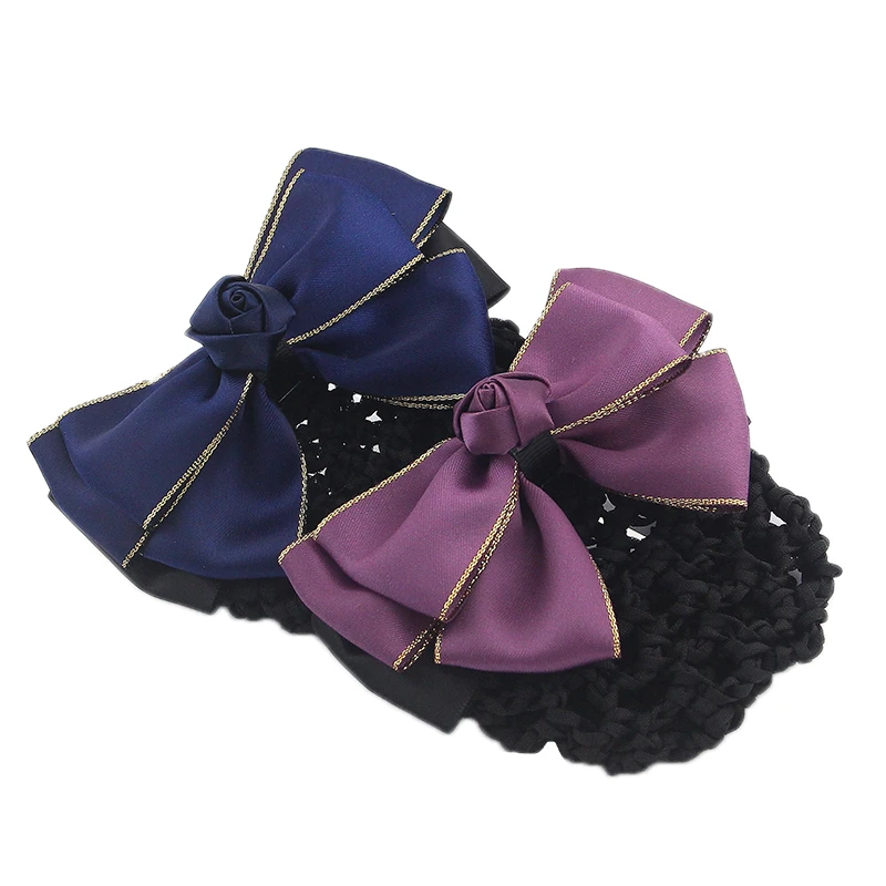 Women Flowers Double Bow Barrtte Hair Bun Hair Clips Hair Accessories Cover Net Satin Ribbon Hair Barrette Work Headdress