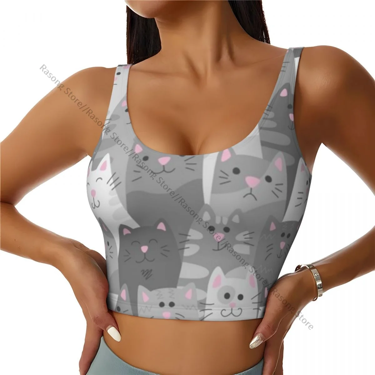 Sports Bra Women Running Yoga Clothes Vest Cartoon Cats Gray Gathering Fitness Vest