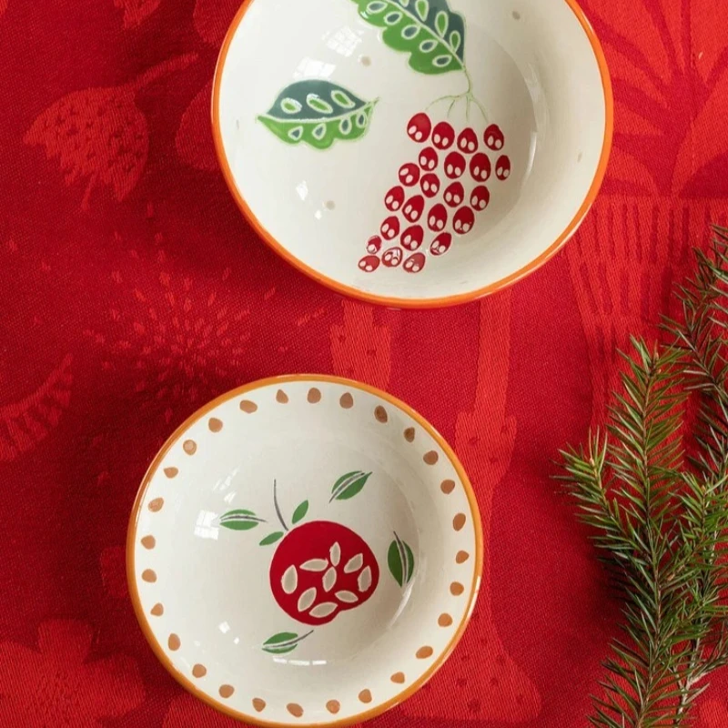 Handmade painting big red flower fruit ceramic bowl