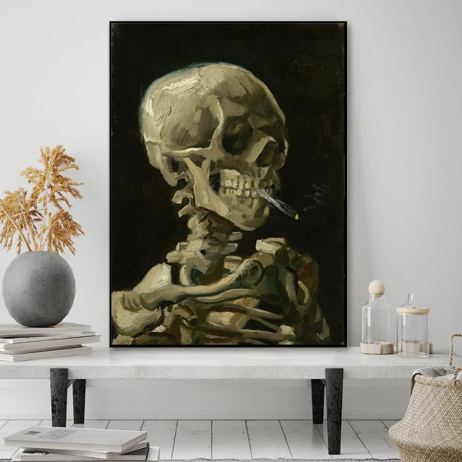 Affiche classique de crâne de Van Gogh avec Cigarette brûlante, ciel étoilé, peinture sur toile HD imprimée, image d'artiste, décor mural