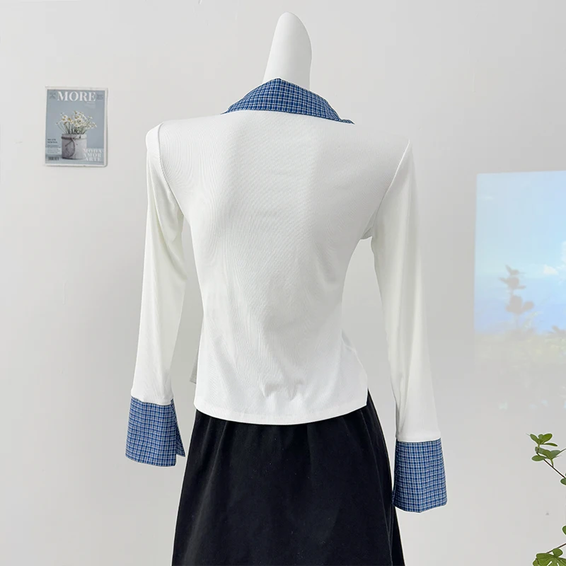 Color Blocking Patchwork Lapel Long Sleeve Shirt 2025 New Spring Women's Single Breasted Pleated Slim Fit Short Commuting Top