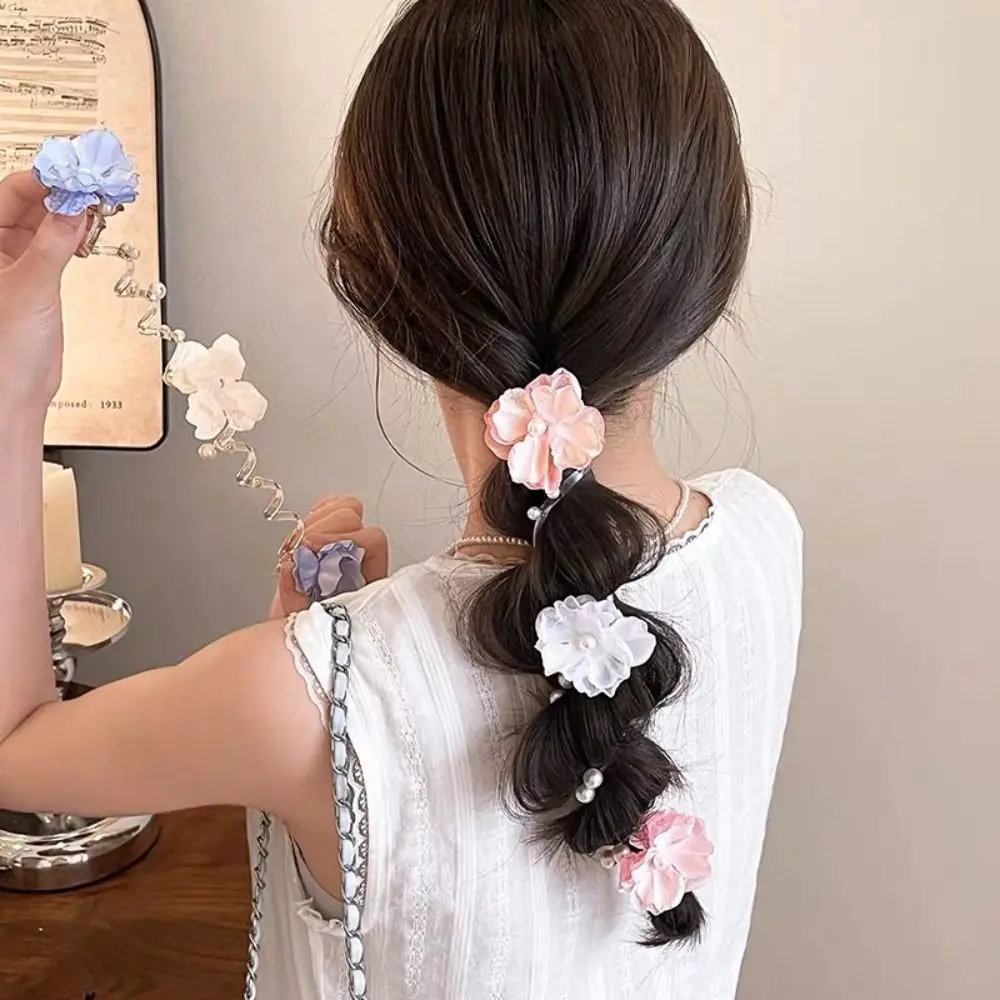 

Fresh Flower Telephone Wire Hair Rope Straight Pearls Telephone Line Headband Scrunchies Ponytail Holder Braid Hair Tie