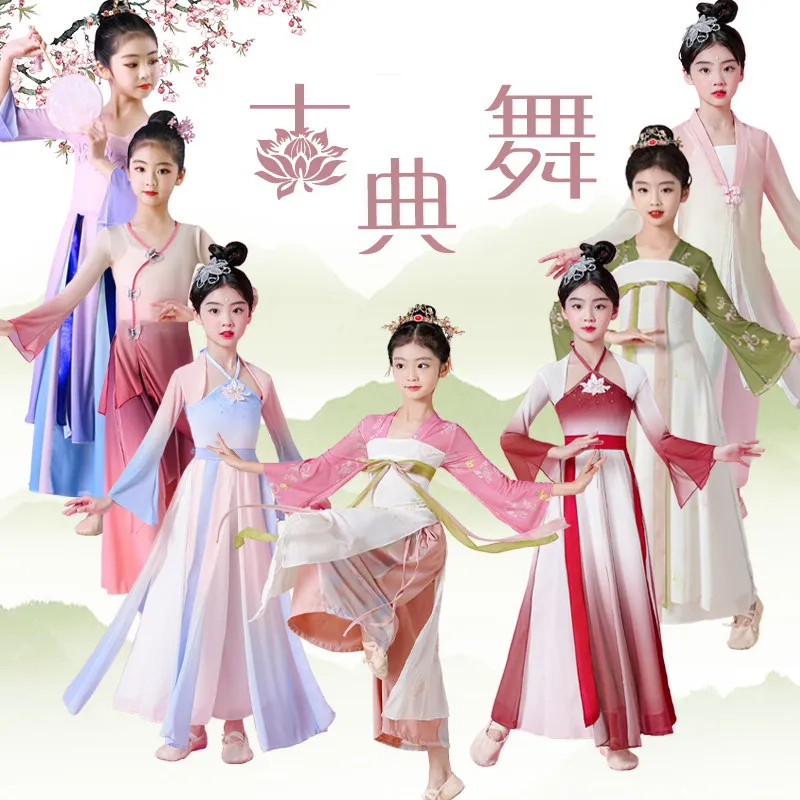 Children's classical dance performance costume, chiffon dress, Chinese fan dance performance costume, girl's dance costume