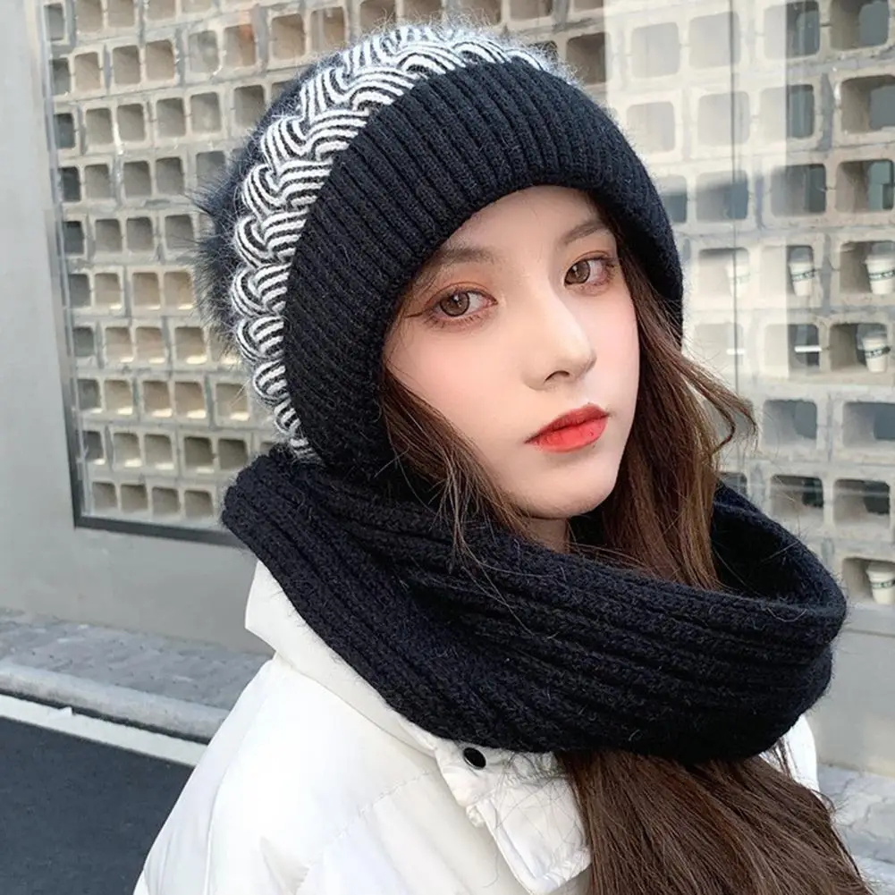 

Women Winter Warm Hat Knitted Beanie Super Soft Windproof Headwear Solid Color Neck Warmer Thicken Lady Winter Hat Scarf