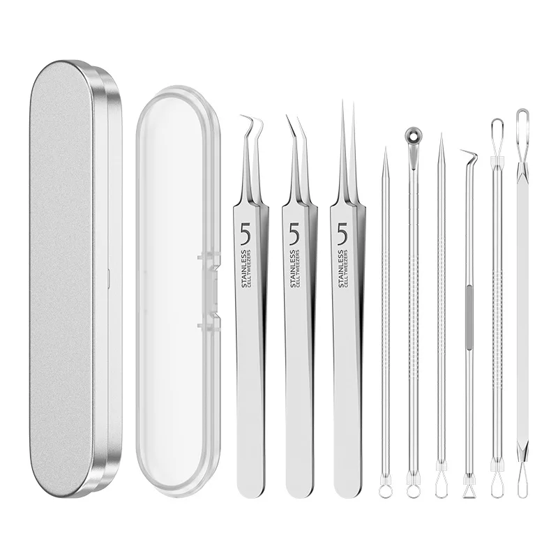 9pcs Stainless Steel Blackhead Removal Tool Set Blackhead Clip Tweezer Beauty Facial Blackhead Remover Acne Needle Tool Skincare