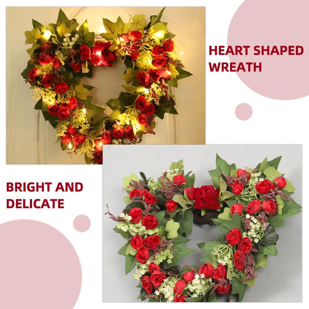 

Heart Wreath Decor Artificial Roses Hanging Ornament for Valentine's Day Wedding Celebration Door Wall Fireplace Display
