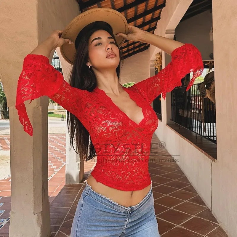 

GIYSILE 2025 New Europe and America Ins Wind Hot Sexy Deep V Slim Joker Short Navel Lace Long Sleeve Spice Girl Wind Lace Top