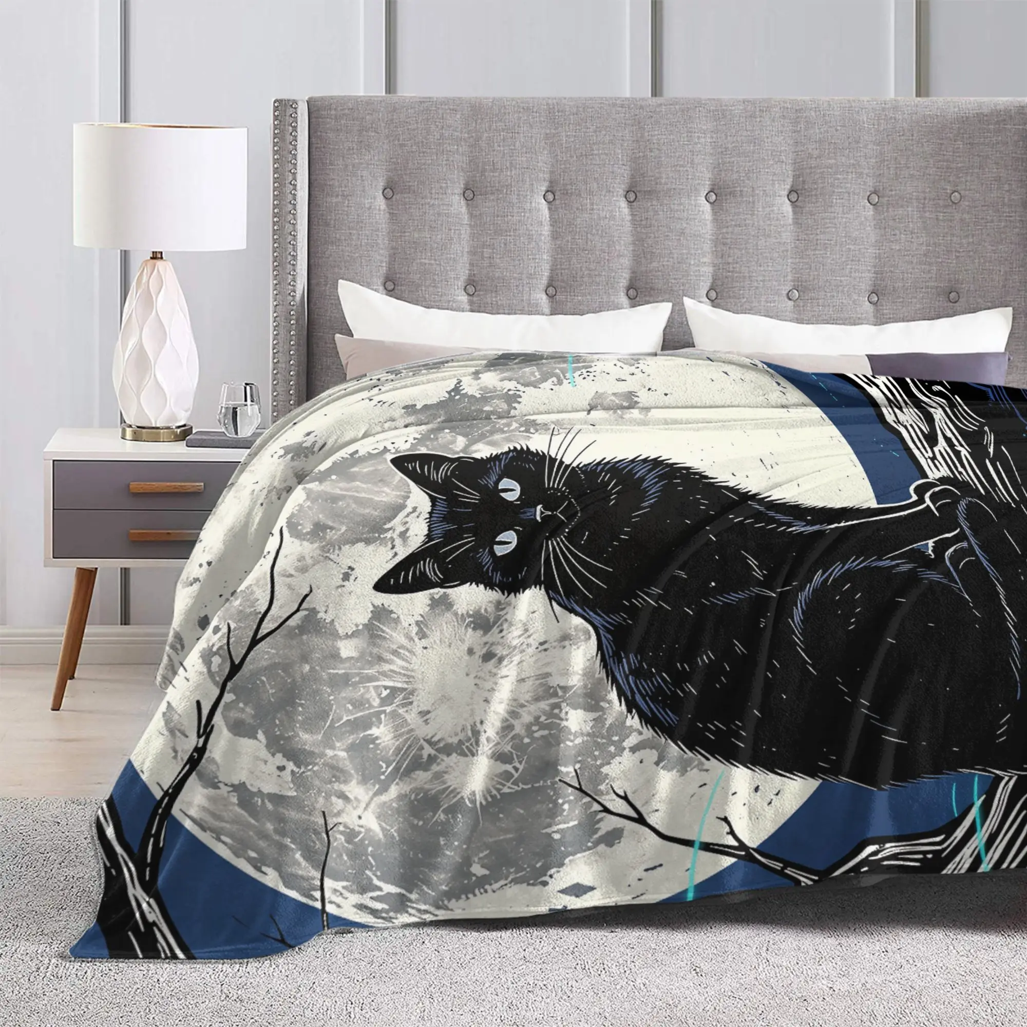 Halloween Black Cats Fleece Throw Blanket Moon Gothic Blankets for Bed Office Lightweight Quilt