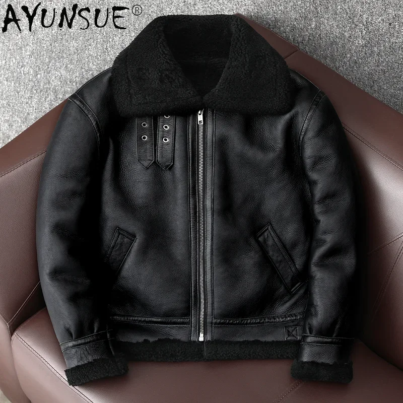 

AYUNSUE Winter Leather Jacket Men Real Fur Coat Warm Genuine Sheepskin Coats Flight Jackets Wool Fur Lining Plus Size KJ6663