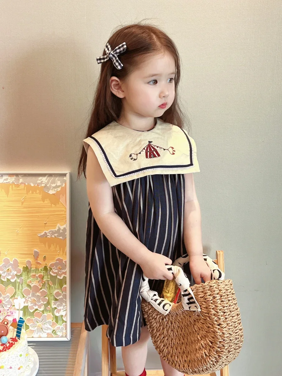 2024 Children\'s Clothing Summer Pure Cotton Dress Sleeveless Big Neck Embroidered Stripe Casual Dress for Girls 2023