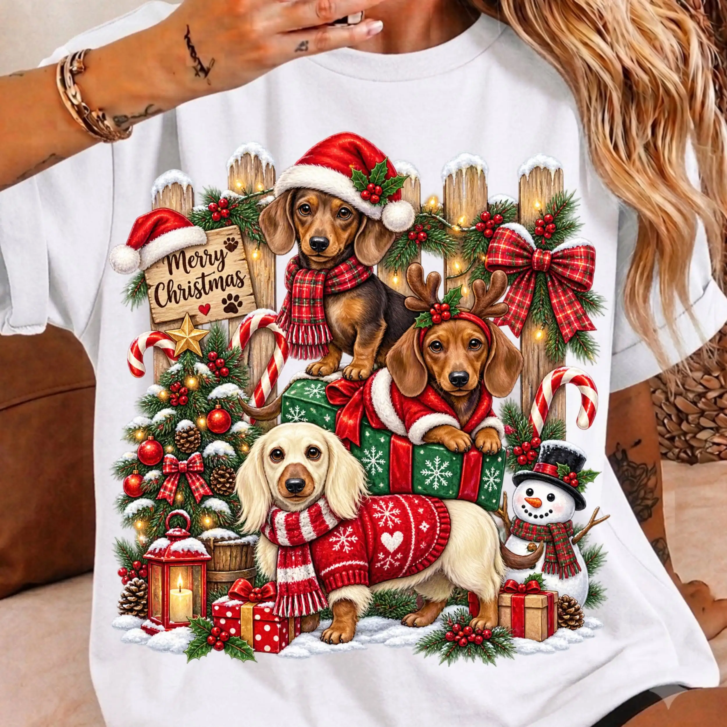 Short Sleeve Shirt Christmas Dachshund Dog Cushion Polyester Blend Tee Winter Snowman Puppy Pattern Holiday Apparel