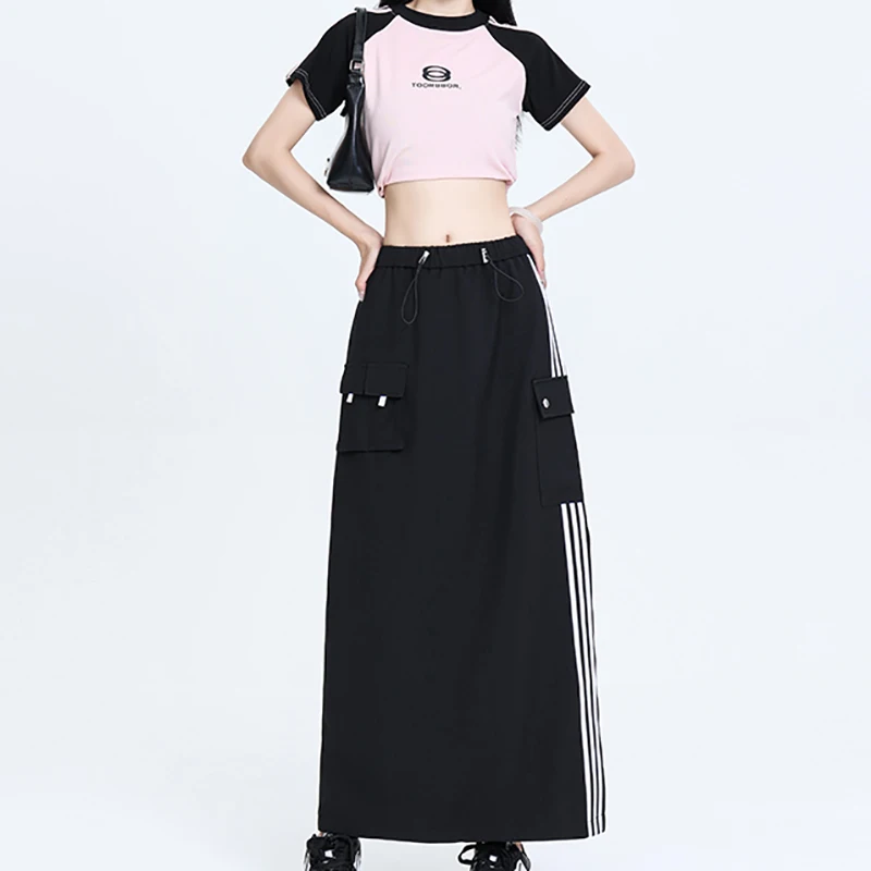 ITOOLIN Women Drawstring Stripe Long Skirt Casual Loose High Waist Office A-line Skirt Women Y2K Streetwear Side Slit Skirts