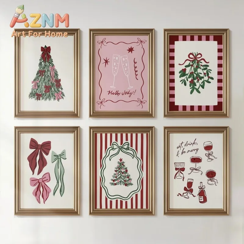 Cute Pink Red Christmas Gallery Wall Art Bow Xmas Tree Wine Mistletoe Festive Prints Holiday Room Decor Unframed Canvas Painting