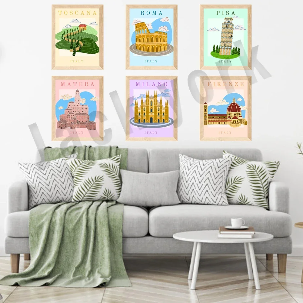 Impresión de paisaje urbano de Italia, pared artística de Roma Florencia Pisa Toscana Matera Milán, cartel de viaje de decoración del hogar de Italia, Roma Milán