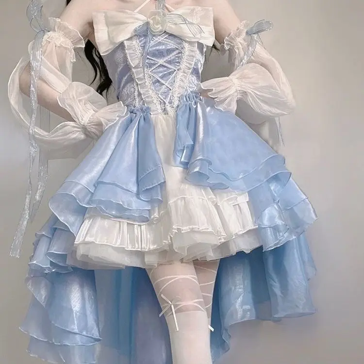 

Japan Blue Lolita Dress Dress Design With Short Front And Long Back Harem Wedding Heavy Industry Big Bow Tail Princess Skirt