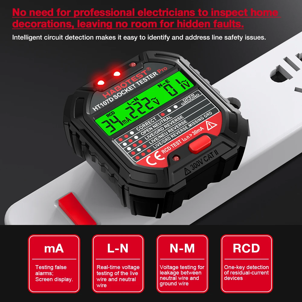 HABOTEST HT107 Socket Tester Pro Voltage Test RCD 30mA Socket Detector UK EU Plug Ground Zero Line Plug Polarity Phase Check