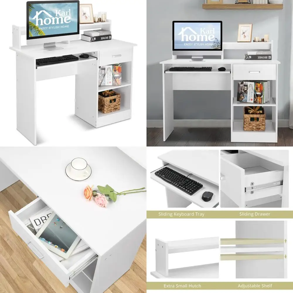 

Wooden Laptop Desk with Drawer and Shelf, Home Office Workstation PC Table, Study Writing Desk, White, Keyboard Tray Included