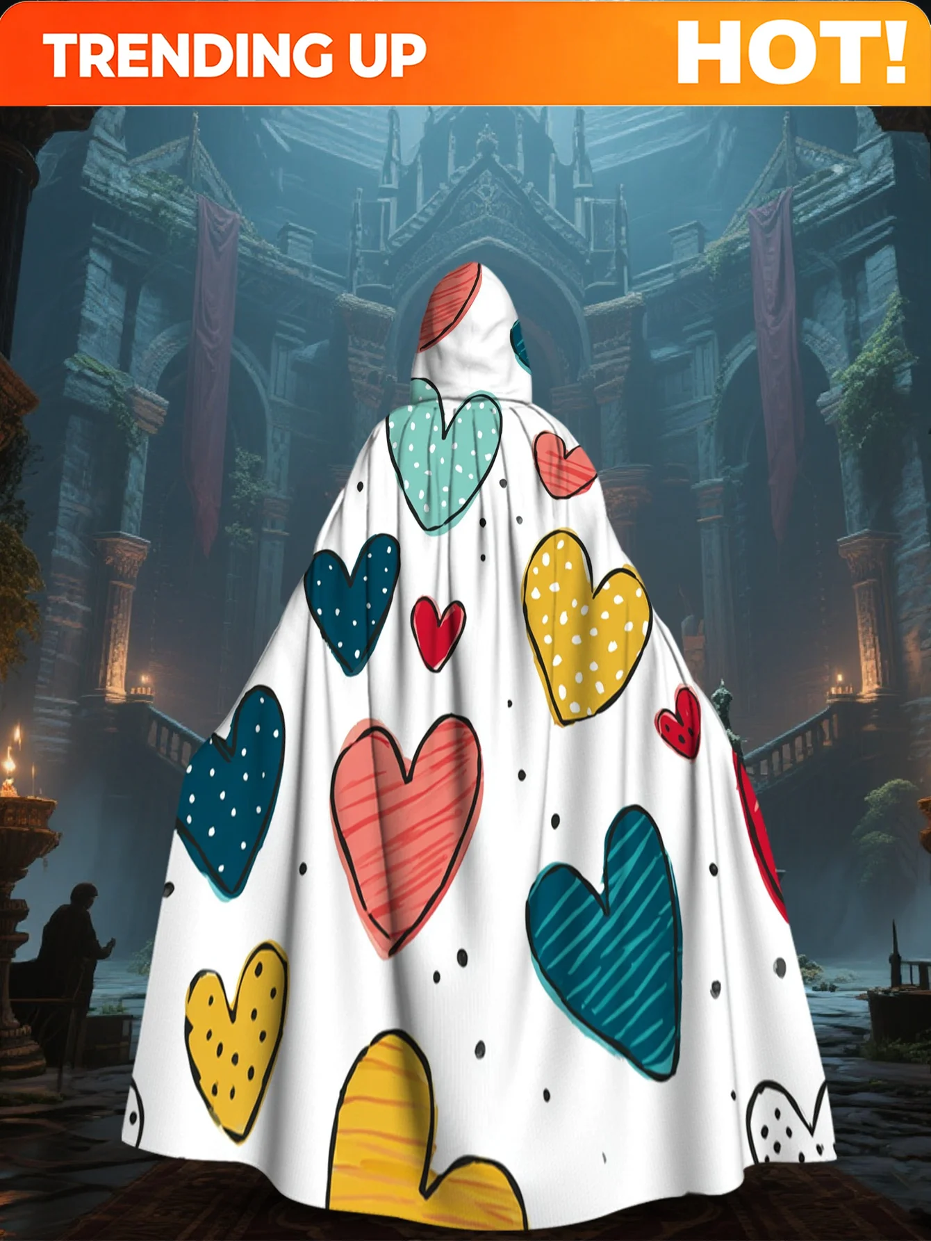 Customization 1pc LianyaoShi 2D Flat Print Lightweight Fashion Cloak With Hearts, White, 100% Polyester, Perfect For Family