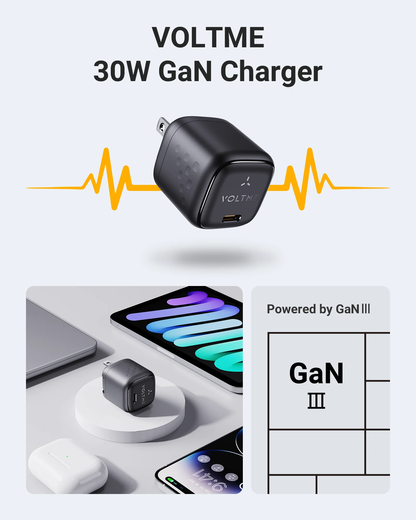 VOLTME-cargador USB tipo C de 30W, bloque de carga rápida GaN III, adaptador de corriente para iPhone 15 Pro Max Galaxy S24 Ultra