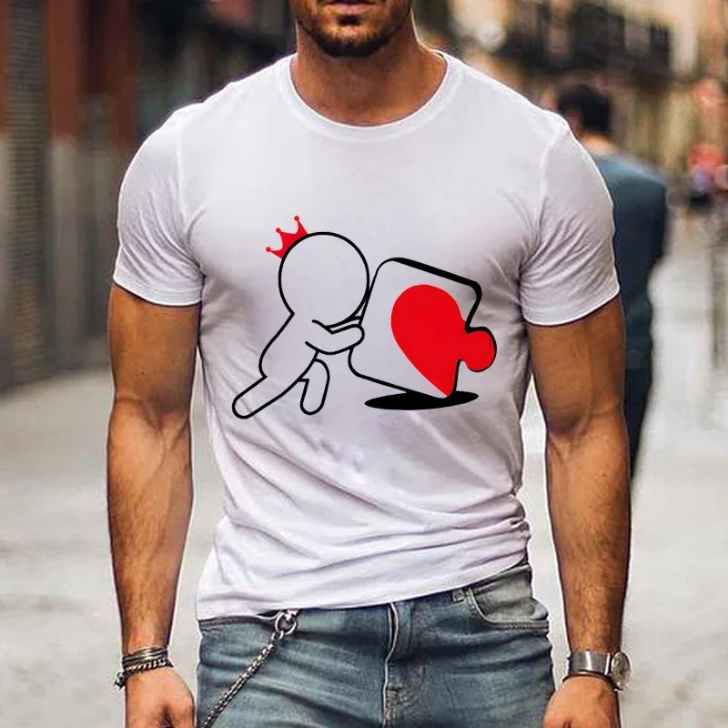 CartoongirlboyheartshapedpuzzleprintcoupleTshirt shortsleeved loose king queenTshirt fashionable trendcouplehirt women's T-shirt