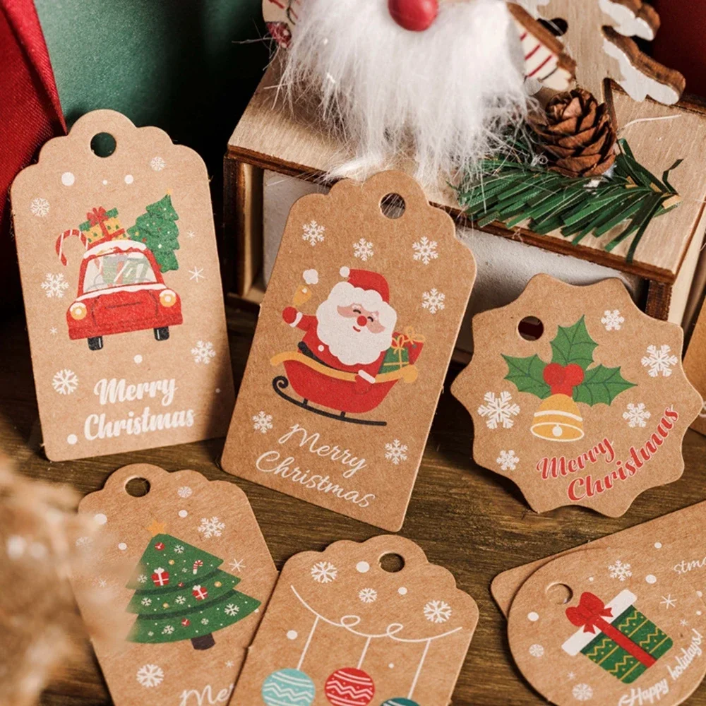 50Pcs Christmas Tags Labels Kraft Paper Merry Christmas Letter Santa Claus Gift Card Tag Xmas Tree Shape New Year Present Decor