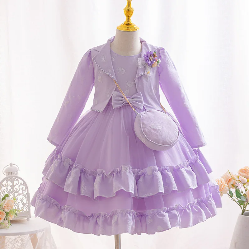 

Новые праздничные платья для девочек, праздничное платье принцессы для девочек, 3 комплекта детской одежды с длинными рукавами и элегантной сумкой для детей от 3 до 8 лет